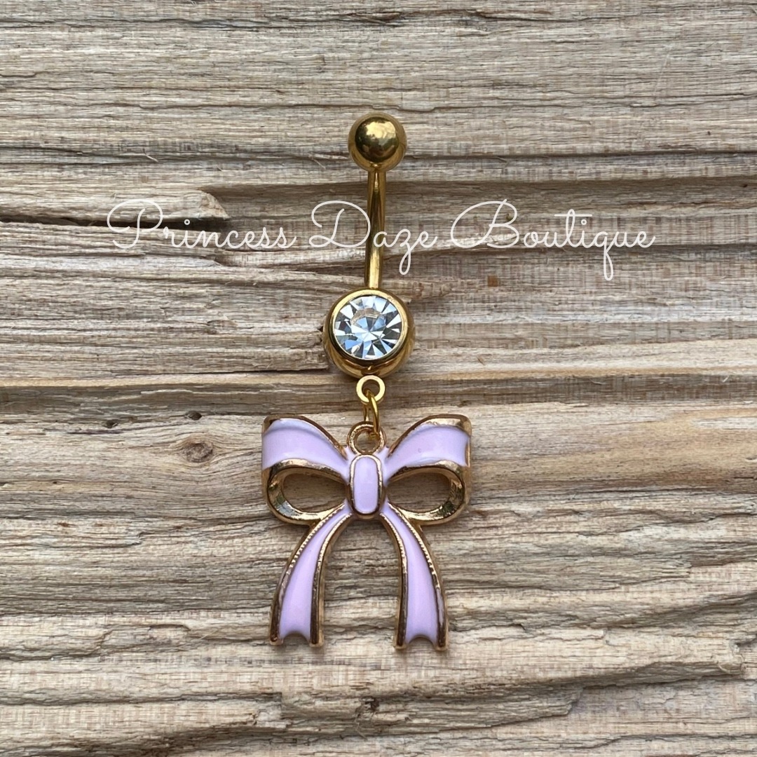 Gold Pink Bow Dangle Belly Button Ring Navel Piercing Jewelry Gold Pink Bow Dangle Belly Button Ring Navel Piercing Jewelry